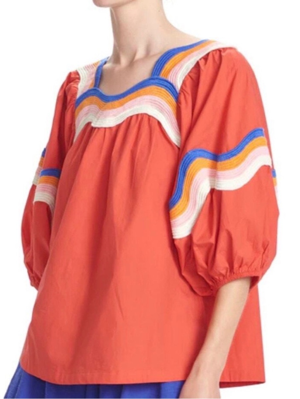 Corey Lynn Calter  Orange Embroidered Puff-Sleeve Top